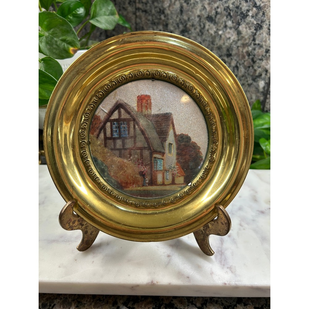 Vintage Made in England Brass Framed Miniature English Cottage Wall Decor 6.25"